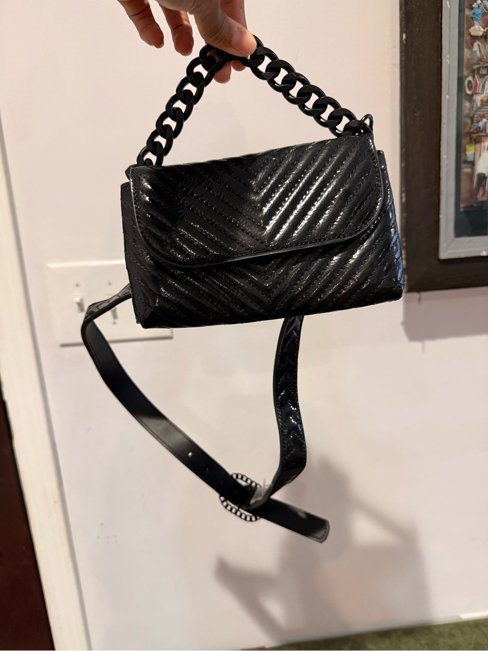 Aldo Quilted Patent Leather Chain handle Belt Bag  and crossbody - Black